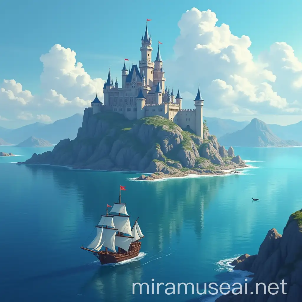 Majestic Castle Oceanic Ship and Towering Mountain Landscapes