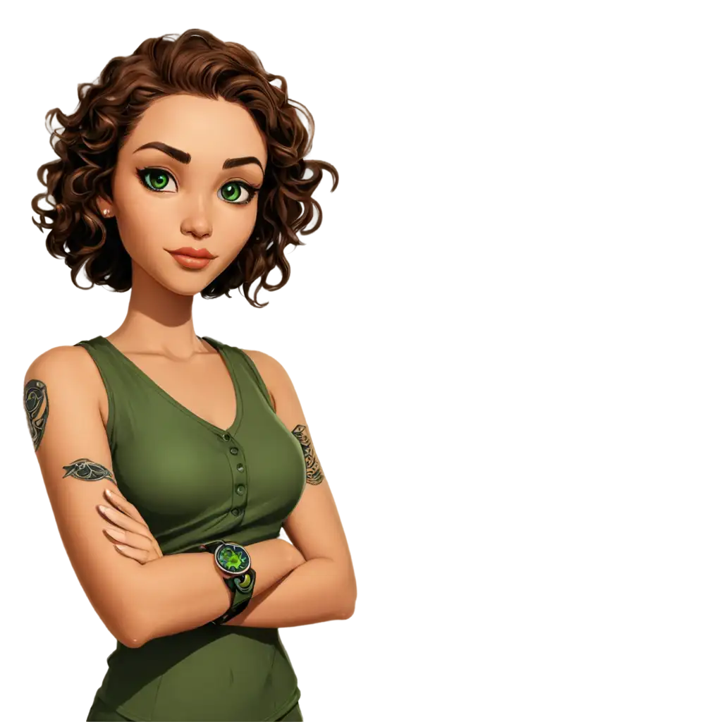 Cartoon-PNG-Image-of-a-Woman-with-Short-Curly-Brown-Hair-Piercing-Green-Eyes-and-Snake-Tattoo