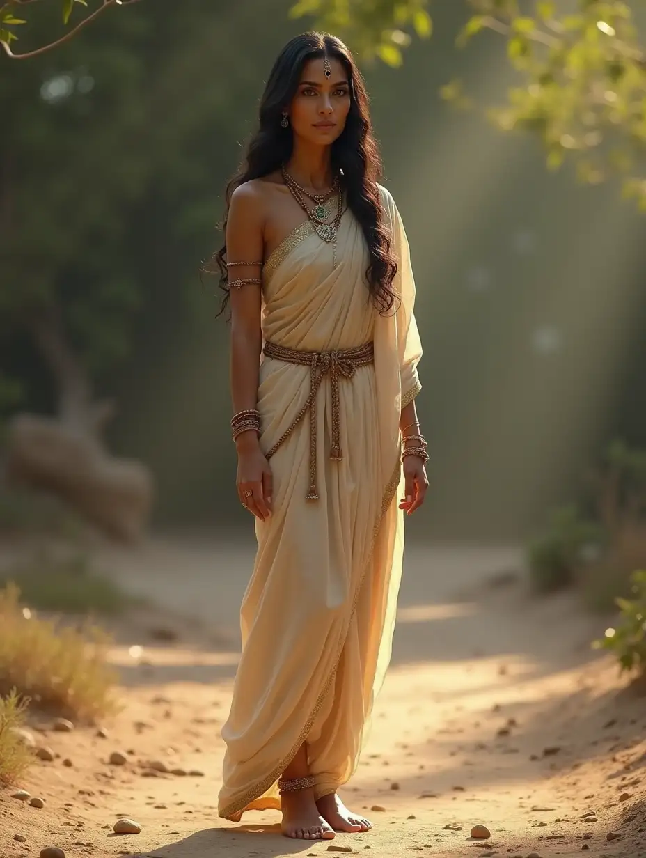 A full-body, head-to-toe pose of Kripi, an extremely beautiful woman from the Indian epic Mahabharata, standing barefoot on the soft earth in a serene natural setting. She is dressed in traditional ancient attire that drapes elegantly around her form, complemented by minimal yet regal jewelry that reflects her noble heritage. A  bindi adorns her forehead, adding a touch of grace to her dignified appearance. Her long, dark hair is neatly styled, and her compassionate eyes radiate wisdom and maternal love. Kripi’s calm and composed presence exudes quiet resilience and spiritual depth amidst the chaos of her family’s story