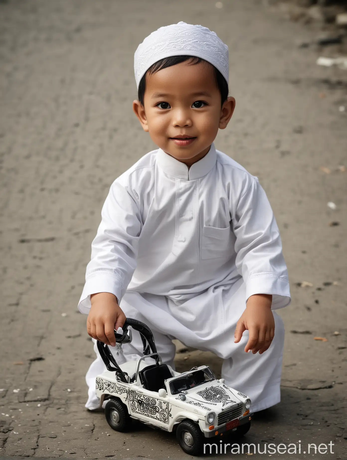 Handsome Indonesian Boy in Traditional Clothing Riding a Toy Car