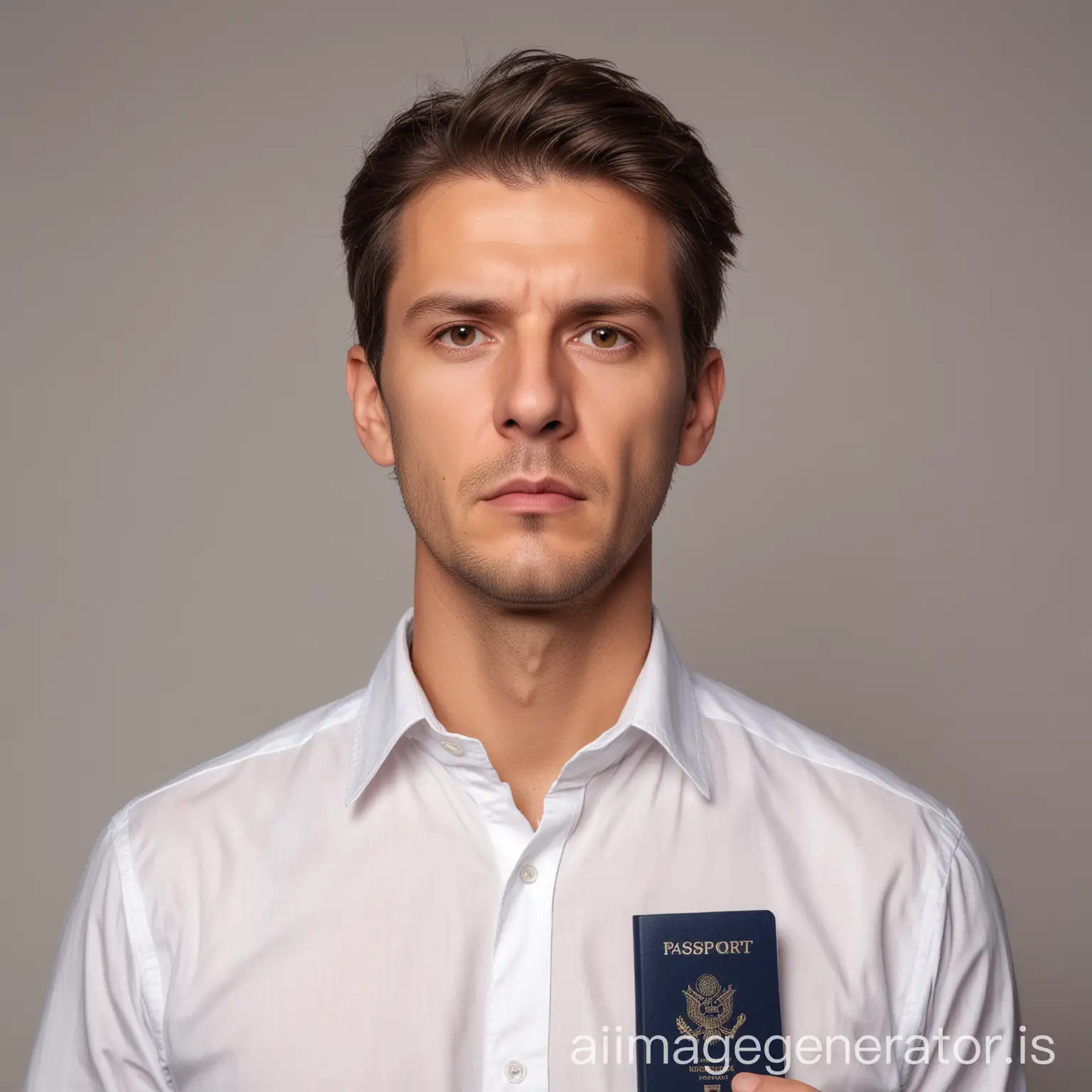 Midage man, wearing white long sleeve shirt, posing for a passport photo.  Head straight looking at the camera. Serious face. Very realistic photo