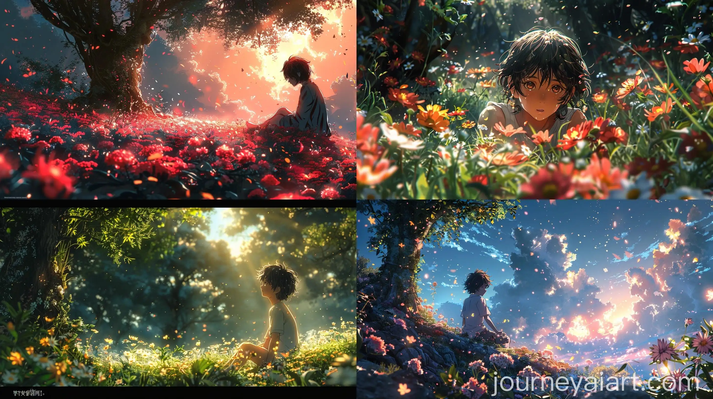 Anime-Boy-Sitting-Among-Trees-and-Flowers-in-Photorealistic-Style