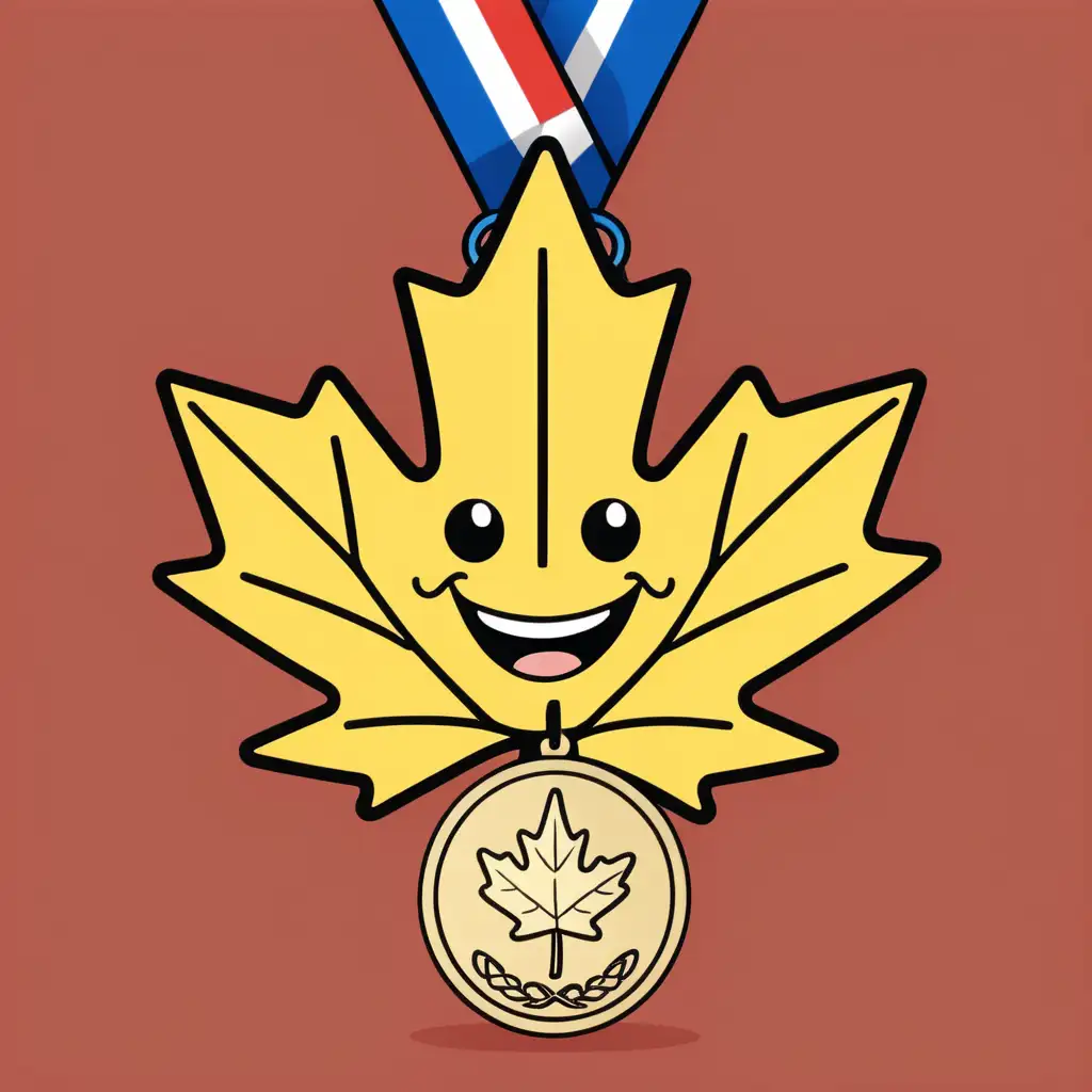 Cartoon Maple Leaf Smiling with Olympic Medal