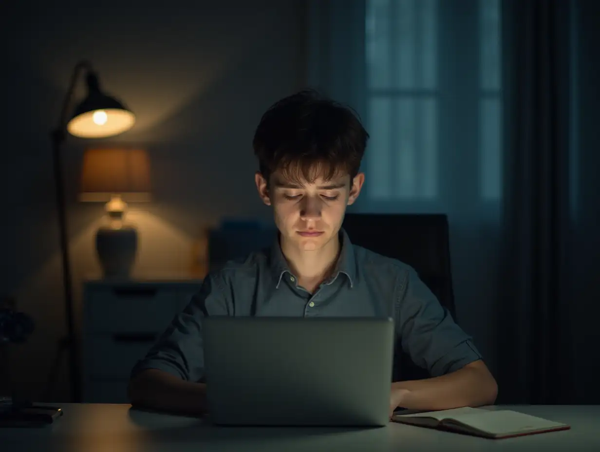 A boy using laptop in his office working late and hard and looking tired and also give it touch of offical backgrund