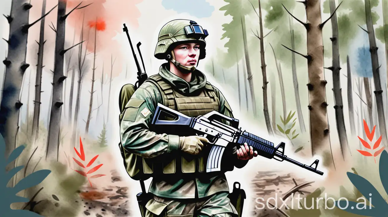 Soldier-in-Camouflage-Uniform-Holding-AK47-in-Forest-with-Russian-Flag