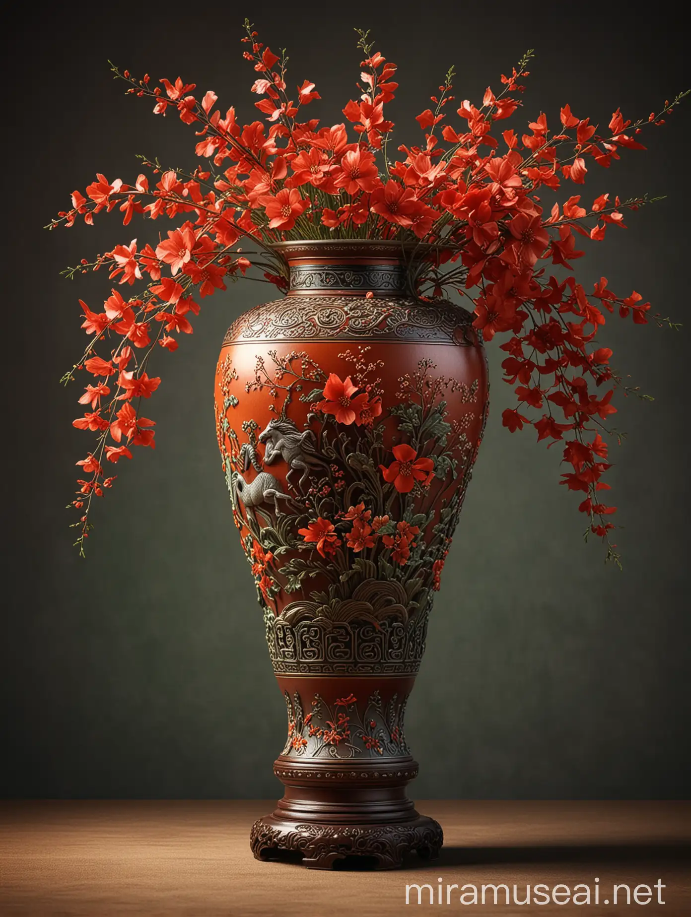 Traditional Chinese Horse Vase with Rich Texture and Vibrant Colors