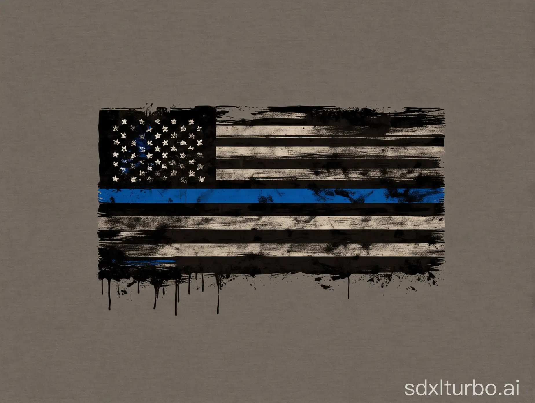 Design a graphic for a t-shirt featuring the Thin Blue Line flag prominently across the chest. The flag should be stylized with a bold, modern look, symbolizing strength and unity. Incorporate subtle tactical elements like a rugged texture or distressed finish, and add a clean, minimalist design. The design should convey pride and respect for law enforcement, balancing both style and significance. Ensure the color palette includes the iconic blue and black, with subtle contrast to enhance the flag's symbolism. The overall vibe should be strong, empowering, and respectful.