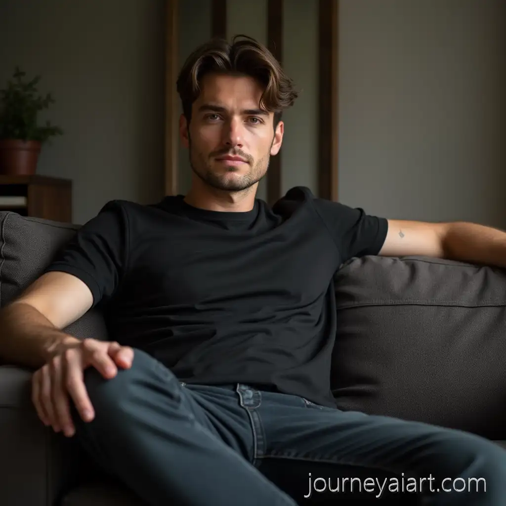 Young-Attractive-Mysterious-Man-Sitting-on-Sofa-with-Arms-Stretched-OutMysterious-man-on-sofa