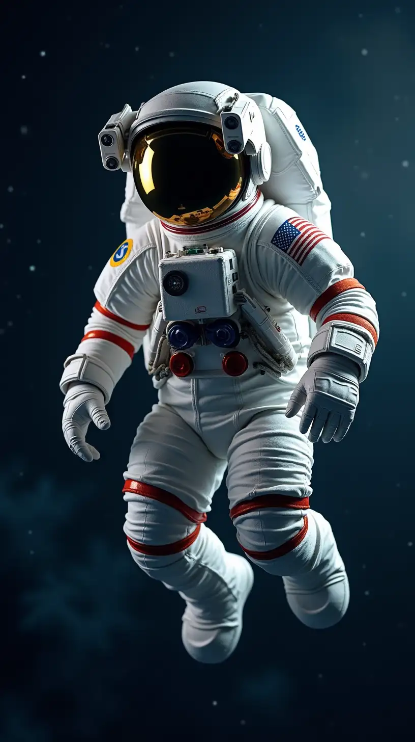 Spacesuit astronaut floating in space, holding his belly