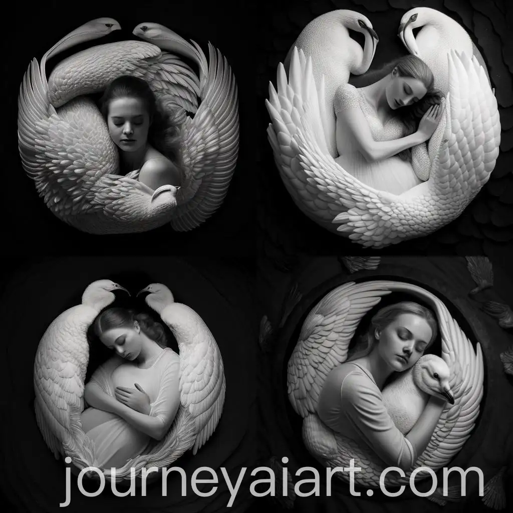 Woman-Curled-Up-in-Oyster-Shell-Embracing-Swan