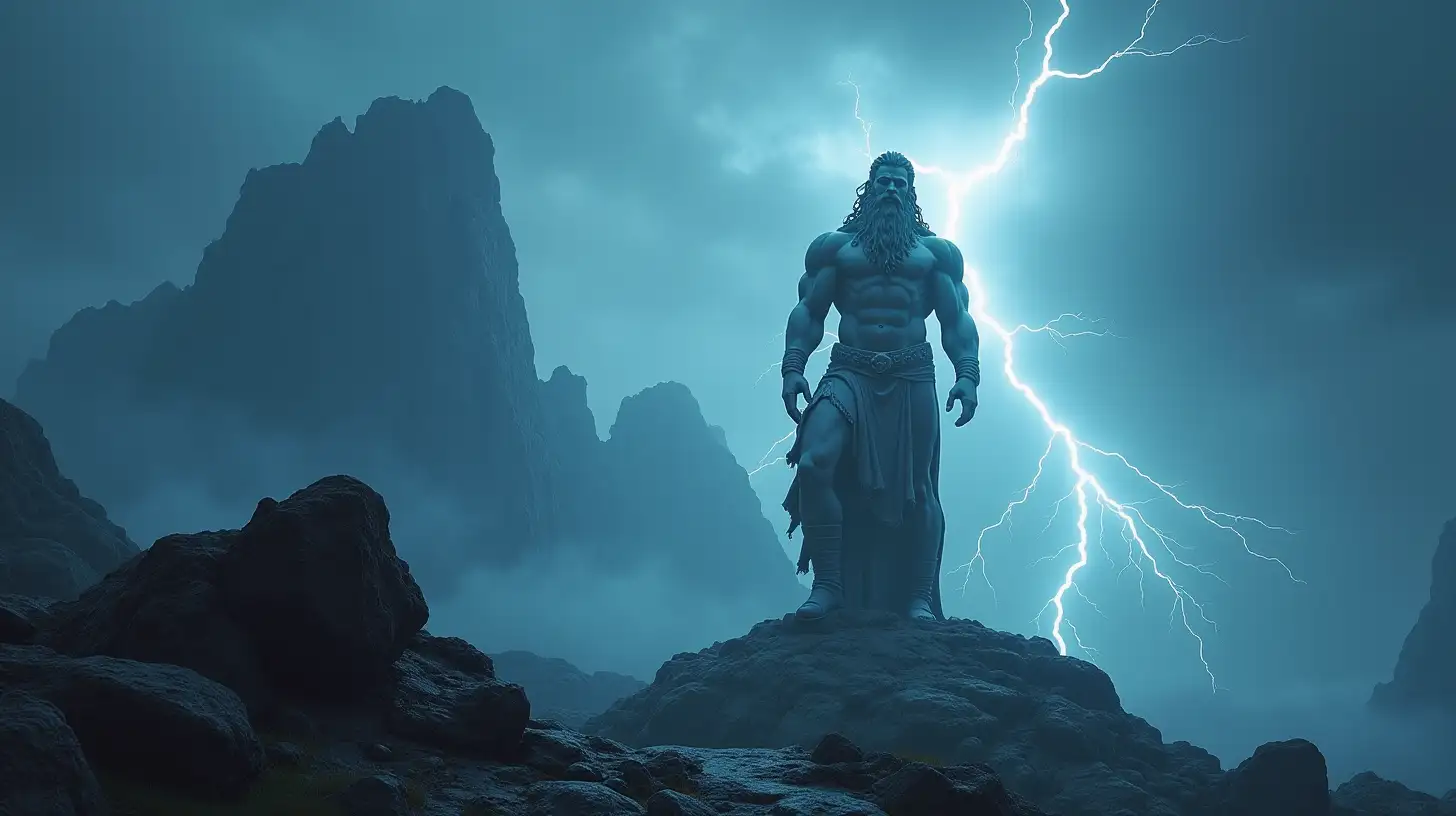 Majestic Stoick Statue Overlooking Thunderous Mountains