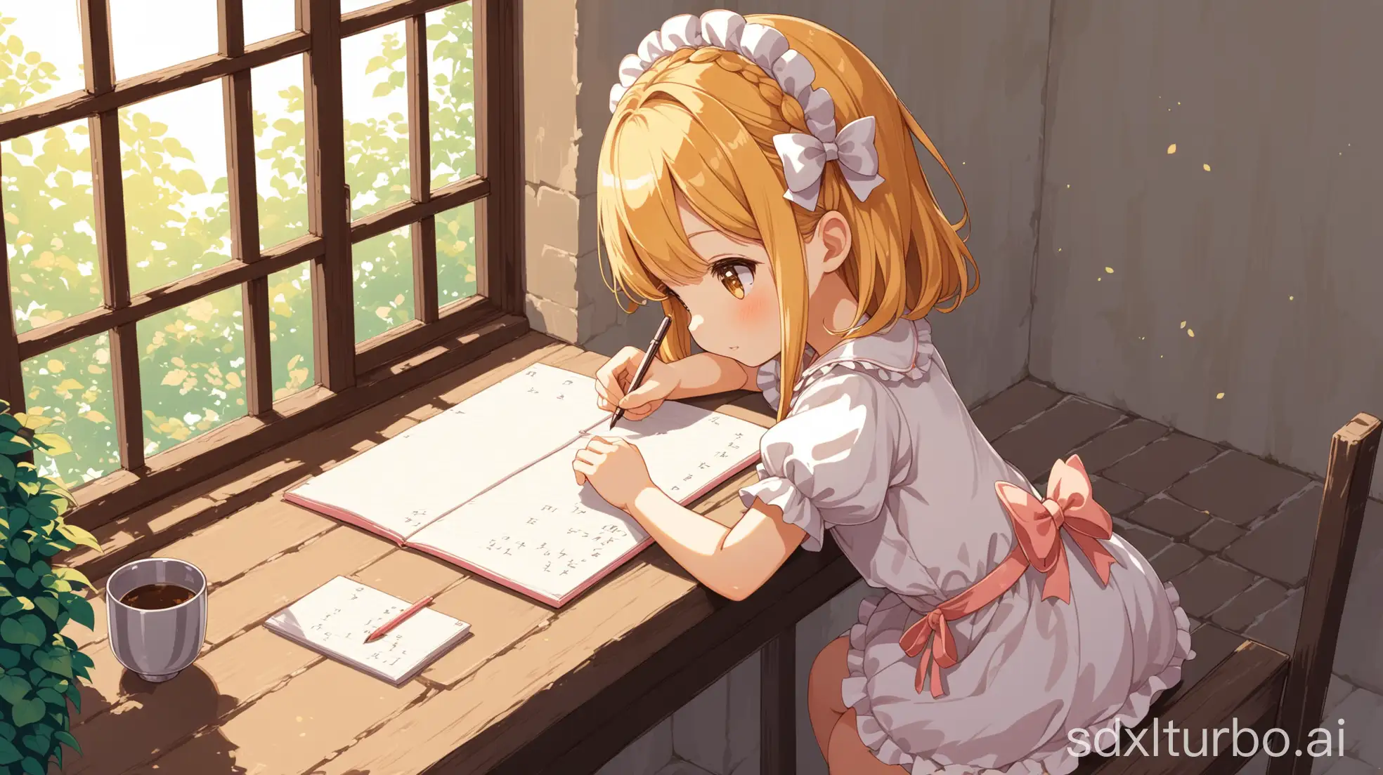 A beautiful and cute loli writing by the window, in the courtyard, 2D style