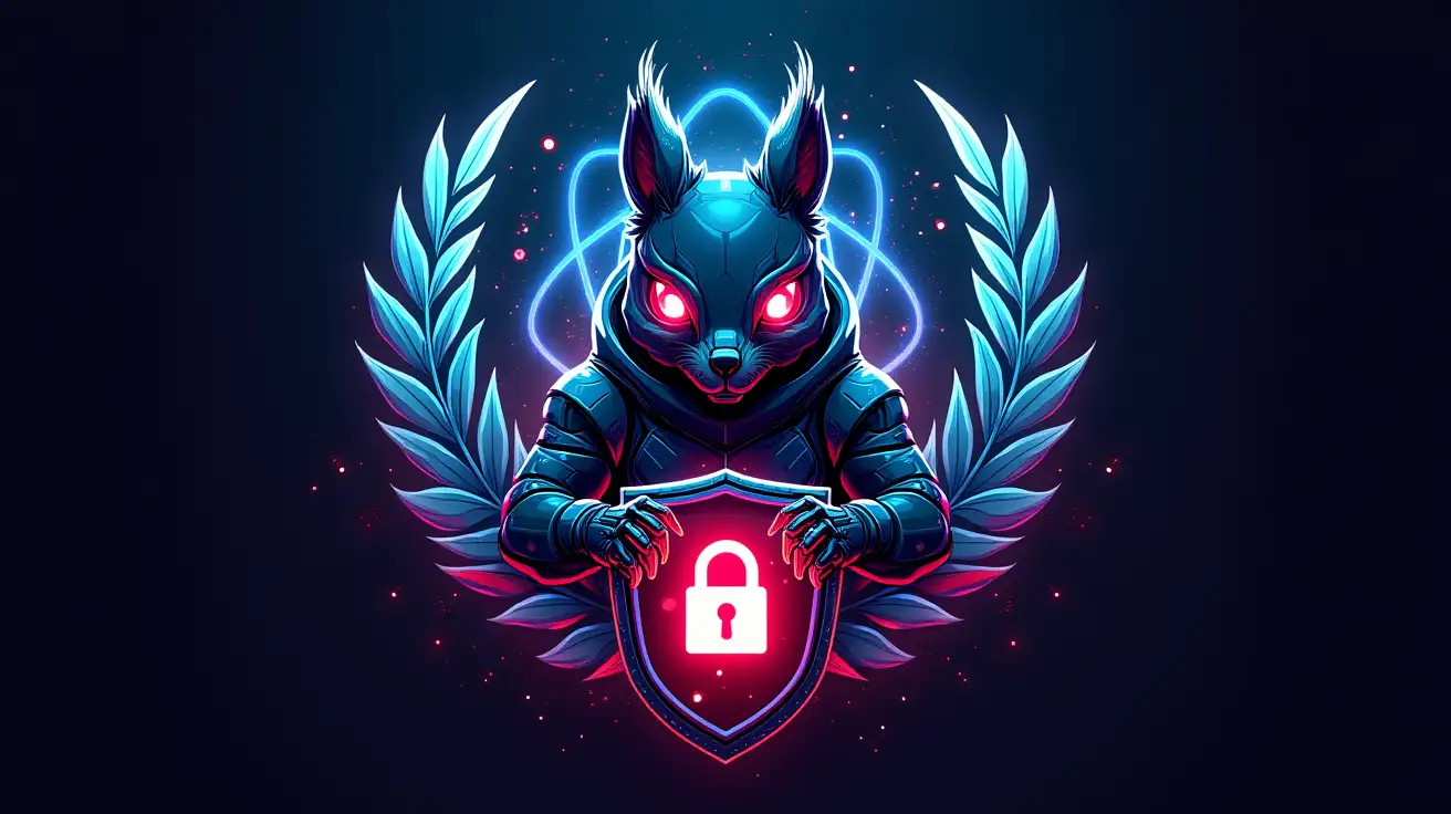 A futuristic digital emblem featuring a fierce, cybernetic squirrel with sharp metallic features, sleek armored plating, glowing red robotic eyes, and an intense, menacing expression, gripping a high-tech shield with a glowing padlock symbol, surrounded by vibrant neon laurel leaves, with a large, prominent atom structure behind it, glowing electron orbits and particles, integrated circuitry and tech details in the background, dark sci-fi atmosphere, vivid blue and red neon color palette, highly detailed, digital illustration