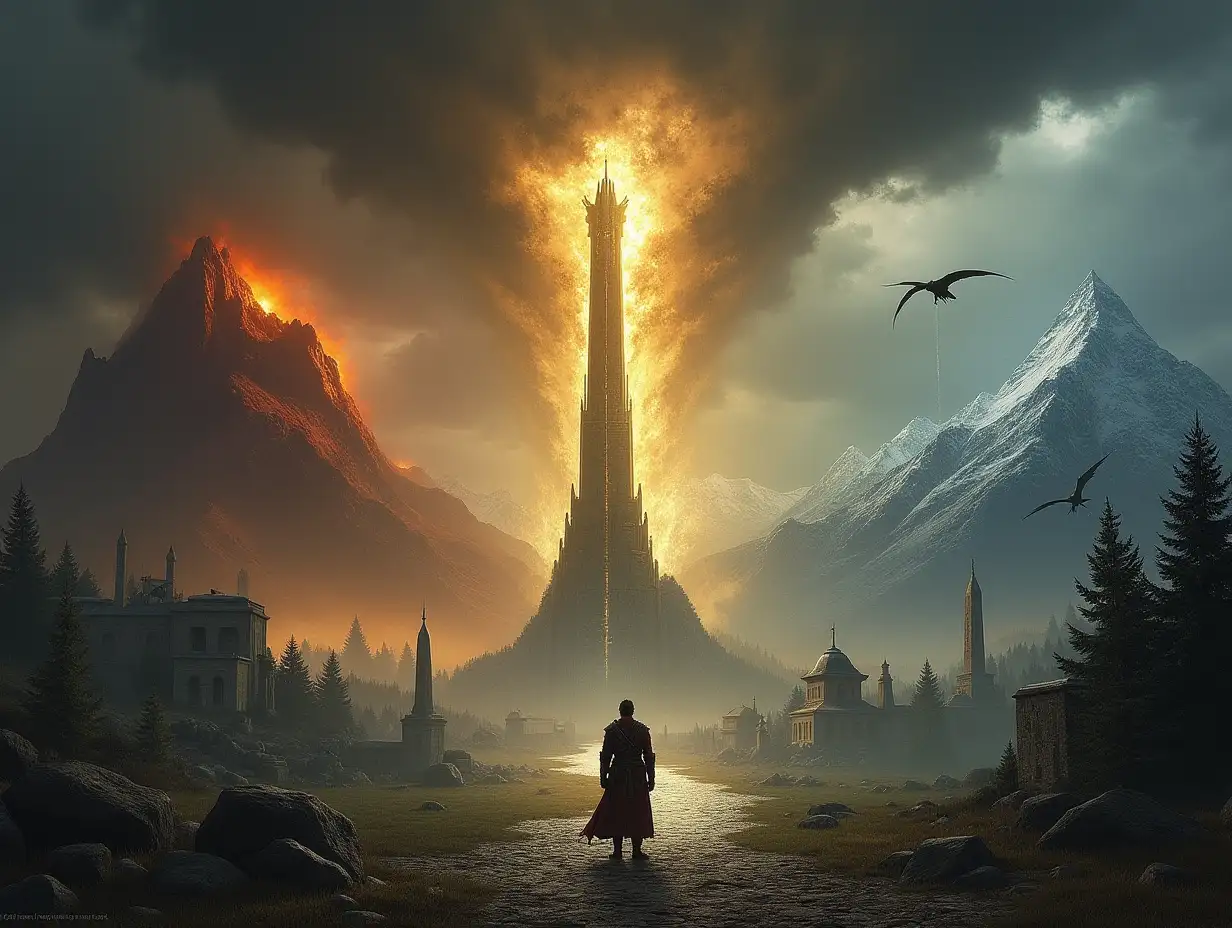 A dramatic scene depicting the fall of the Empire, the blessed land of Morrowind, and the dragon-ruled nation of Skyrim. In the center, the White-Gold Tower crumbles, symbolizing Empire Falling (Oblivion). To the east, the Red Mountain looms over ancient Dunmer temples, representing Blessed Nation (Morrowind). To the west, snow-capped mountains and a soaring dragon overlook Nordic warriors near Whiterun, embodying Dragon’s Nation (Skyrim). Dark storm clouds gather above, as a lone hero stands at the crossroads of fate.