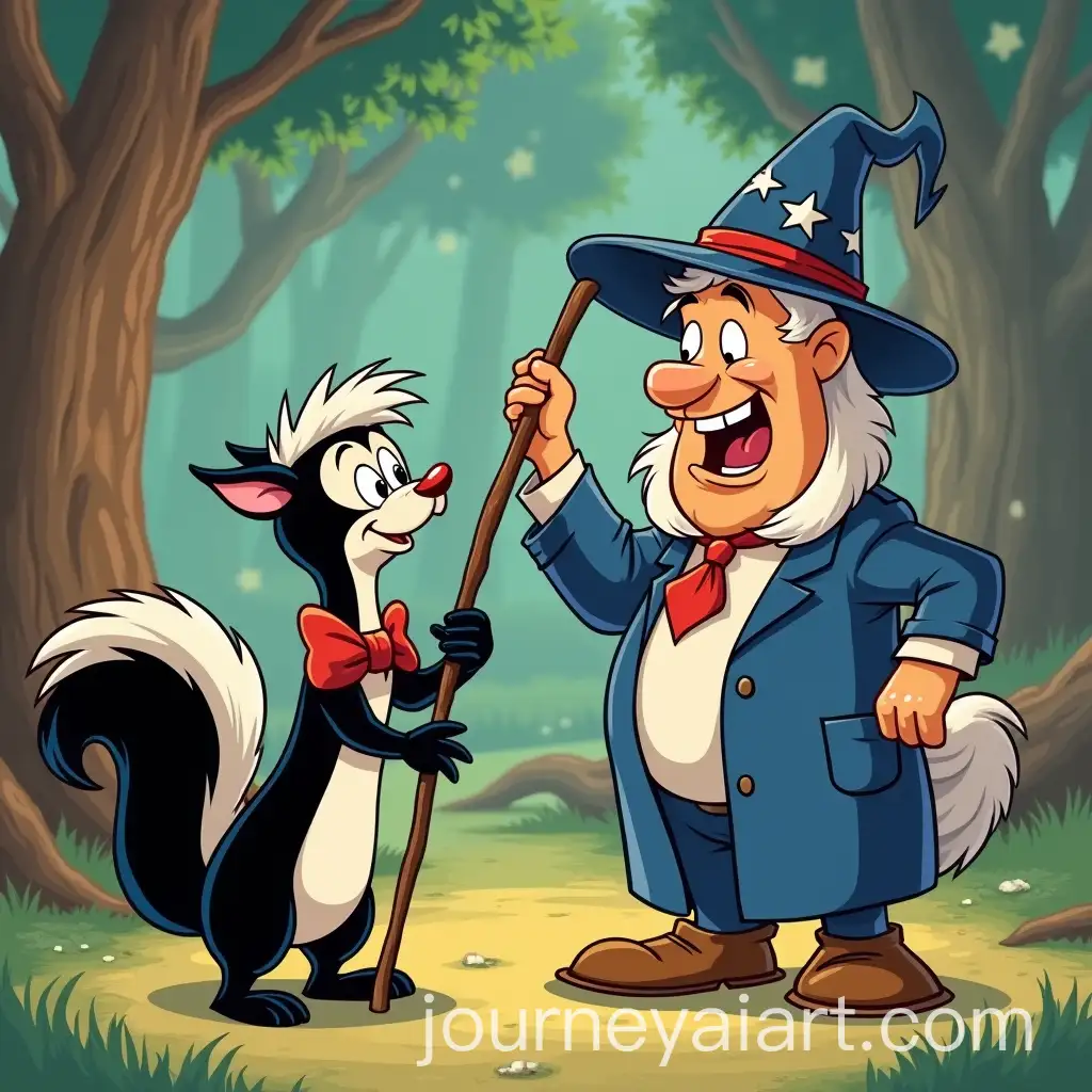 Cartoon-Mama-Skunk-Hitting-Wizard-with-Stick-in-Flintstones-Style