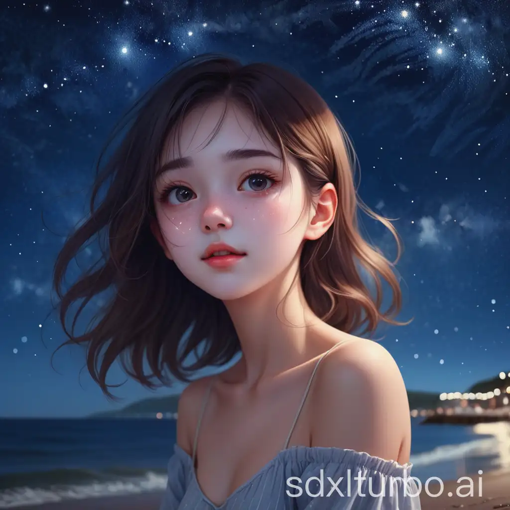 1 girl,the facial features are very delicate,the background is starry sky,at the seaside,frondside