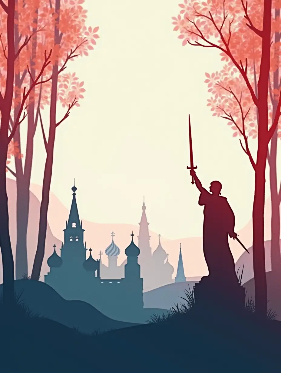 summer background with a patriotic Russian theme, faint silhouettes of famous landmarks, statue Motherland is calling with sword, birch trees, muted color palette with red, white and blue tones. soft blur,