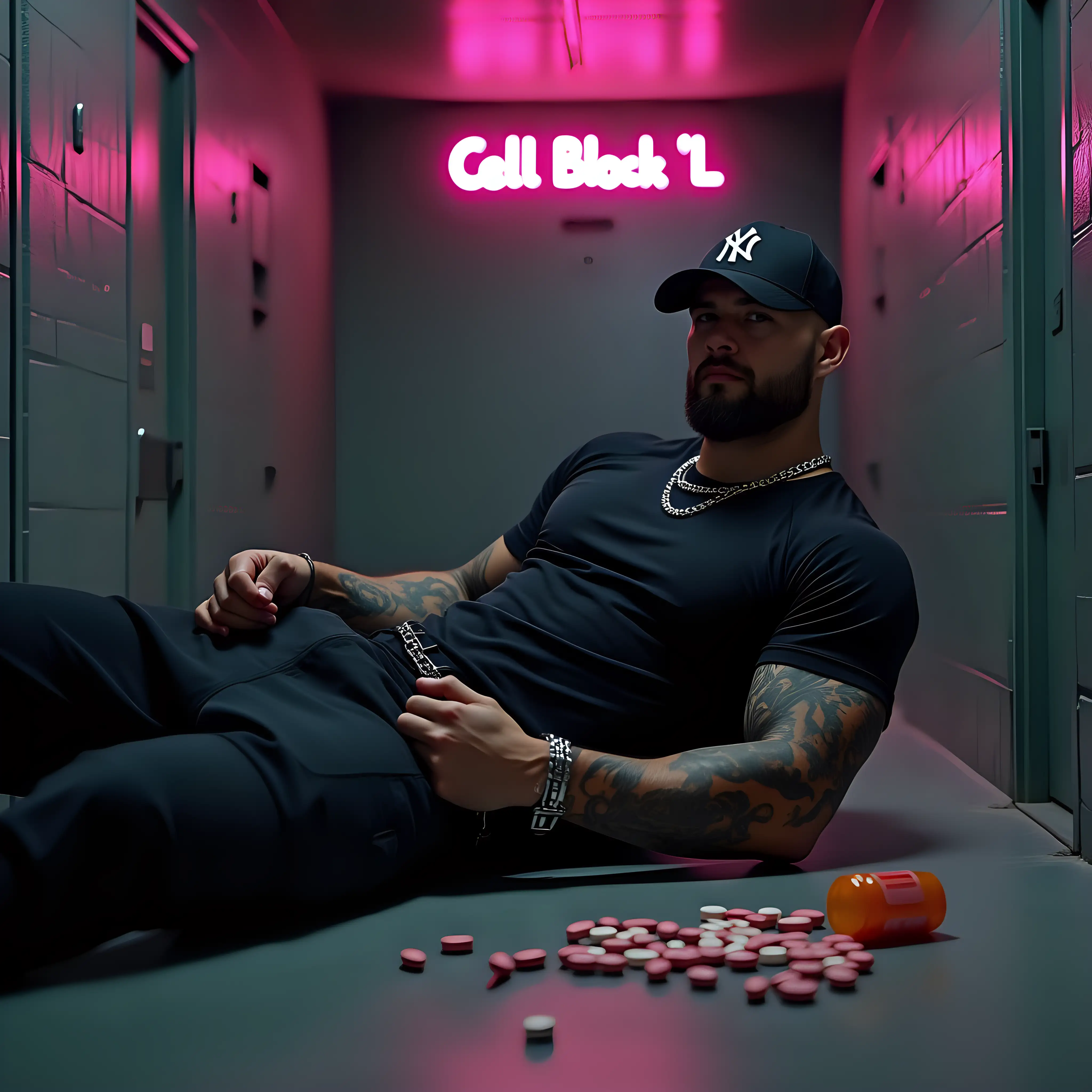 Create an image of a bald, handsome Italian bodybuilder. with a trim beard. He is wearing a black NY cap, thick silver chain around his neck, black cargo pants, and a black tight nylon t-shirt showing off his bulging muscles and Japanese tattoos down one arm.  He is lying on the floor of a very large maximum security padded cell with a high ceiling and with his hands handcuffed behind his back. He is looking at the viewer with an expression of longing for the love of his life. On the floor of the cell there is a pill bottle which is open and spilling out heart shaped pills on the floor. There is a pink neon sign high up near the ceiling of the cell which says Cell Block "L" 