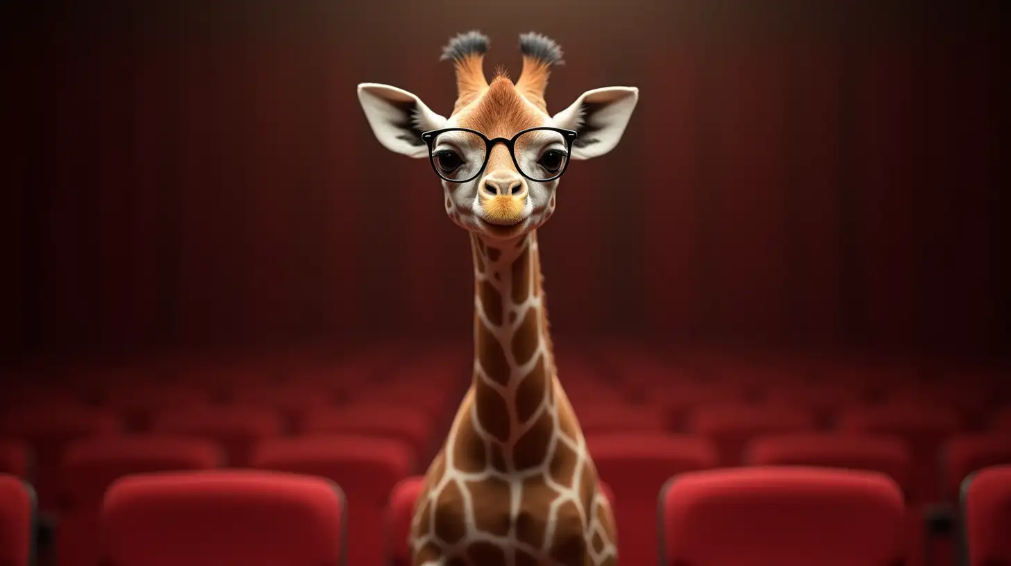 Cute Baby Giraffe Wearing Glasses in a Theater