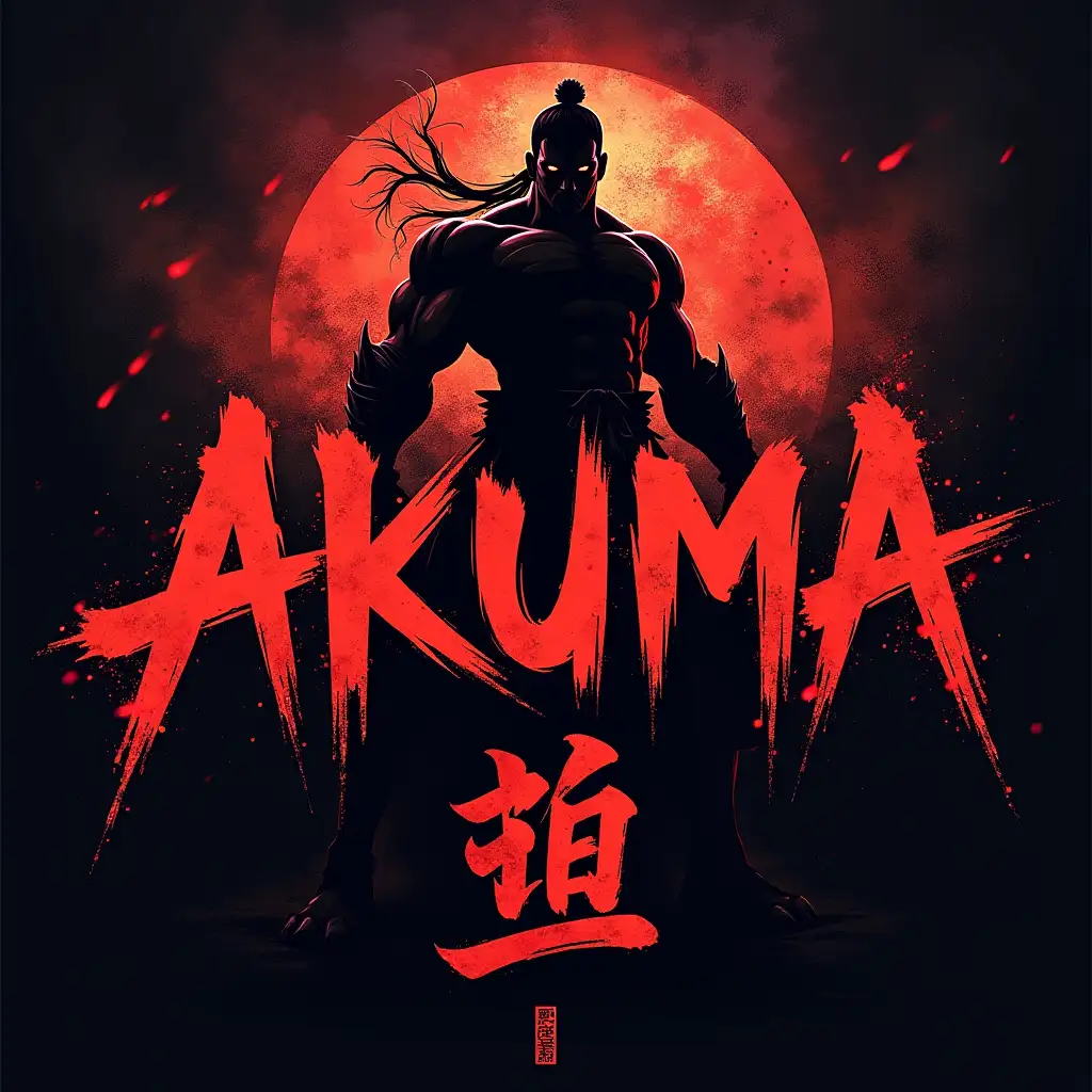 Design a high-impact, dramatic typography poster centered around Akuma from Street Fighter. Use a heavy, angular, brush-stroke or kanji-inspired font that reflects Akuma’s brutal martial arts style and his connection to dark, ancient power. The letters should feel carved or burned into the canvas—jagged, aggressive, and raw. Integrate fiery crimson and deep black tones with subtle gradients of purple or dark energy glowing behind or within the letters. Add visual elements like cracked textures, ink splatters, faint embers, or smoldering edges to suggest his overwhelming aura and Satsui no Hado energy. Incorporate a faint symbol of the 天 (ten) kanji behind the text, faded and glowing, as a backdrop to emphasize his demonic transformation. The overall composition should radiate menace, power, and restraint—true to Akuma’s iconic, ruthless presence.