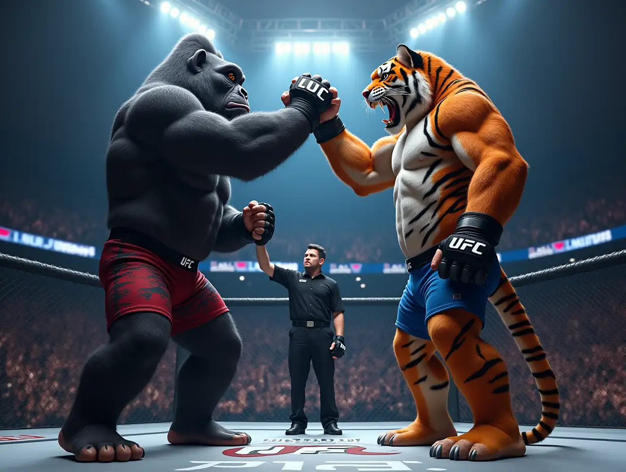 Inside a massive, high-energy UFC arena, an anthropomorphic gorilla and an anthropomorphic tiger stand face to face in the center of the octagon ring. The gorilla, towering and muscular, has thick fur, intense eyes, and wears black and red MMA shorts with matching gloves. The tiger, lean but powerful, has orange-striped fur, sharp fangs, and wears blue and white MMA shorts with matching gloves. The bright stadium lights cast dramatic shadows, and the crowd roars in the background. A referee stands between them, raising his hand as the fight is about to begin. The tension is electric, and both fighters glare at each other, fists clenched, ready to engage.