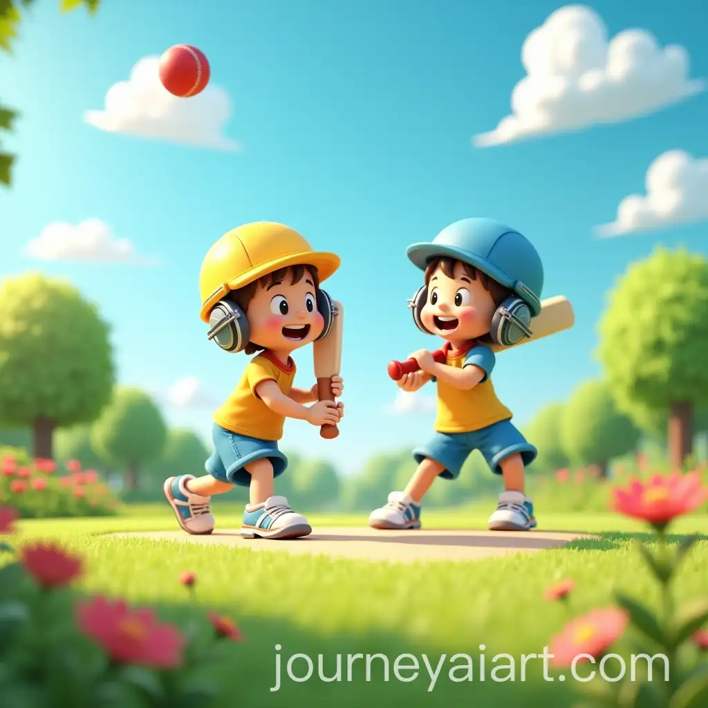 Boys-Playing-Cricket-in-Sunny-Garden-with-Vibrant-Flowers-and-Blue-Sky