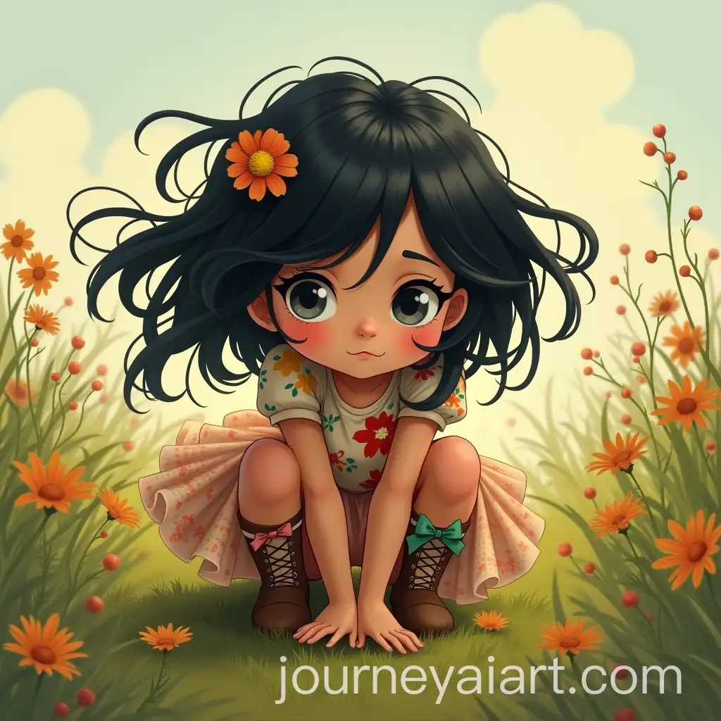 Whimsical-Girl-Playing-in-a-FlowerFilled-Meadow-with-Ribbon-Boots