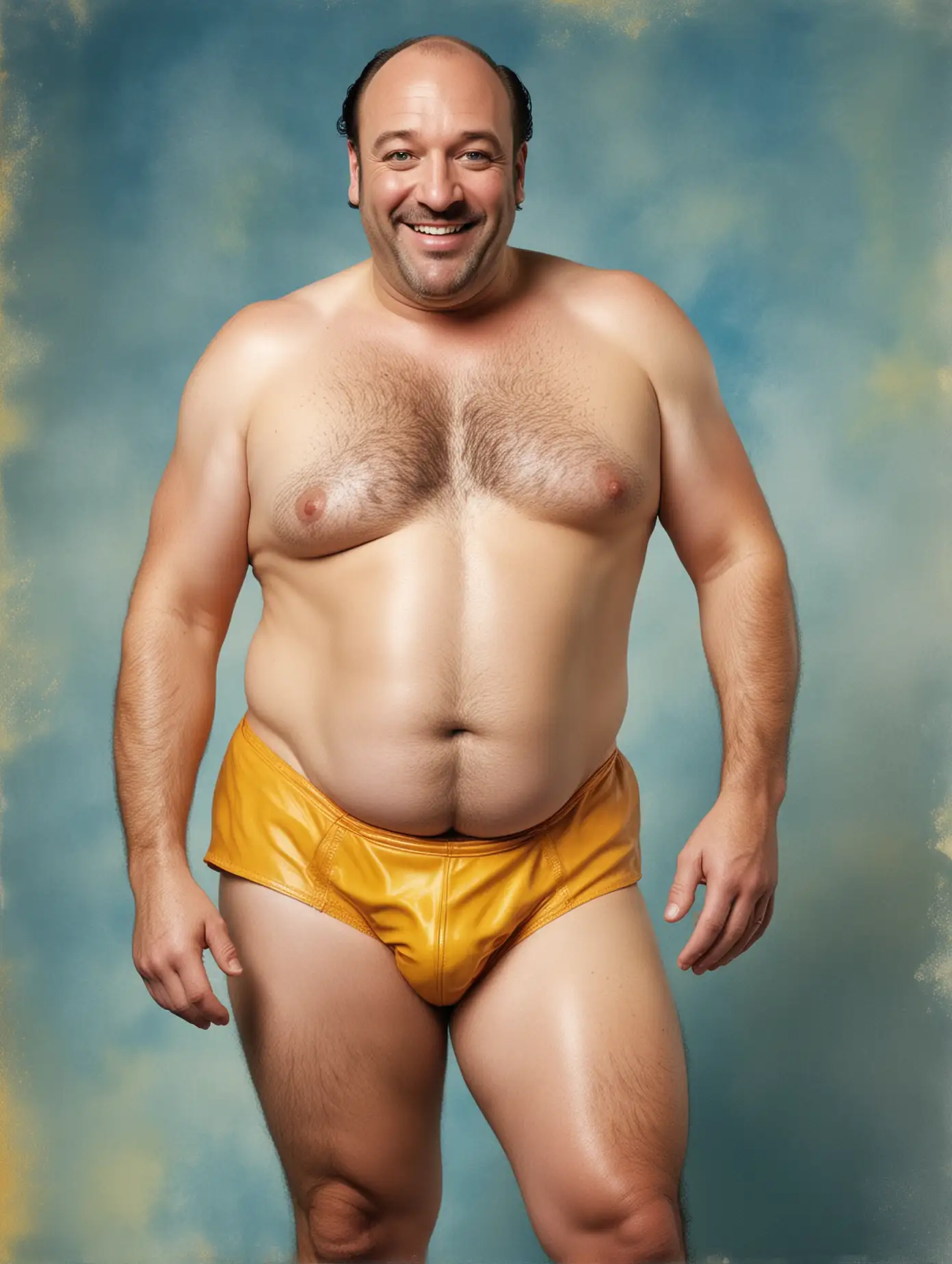 Chubby-Bald-Man-Smiling-in-Yellow-Leather-Underpants