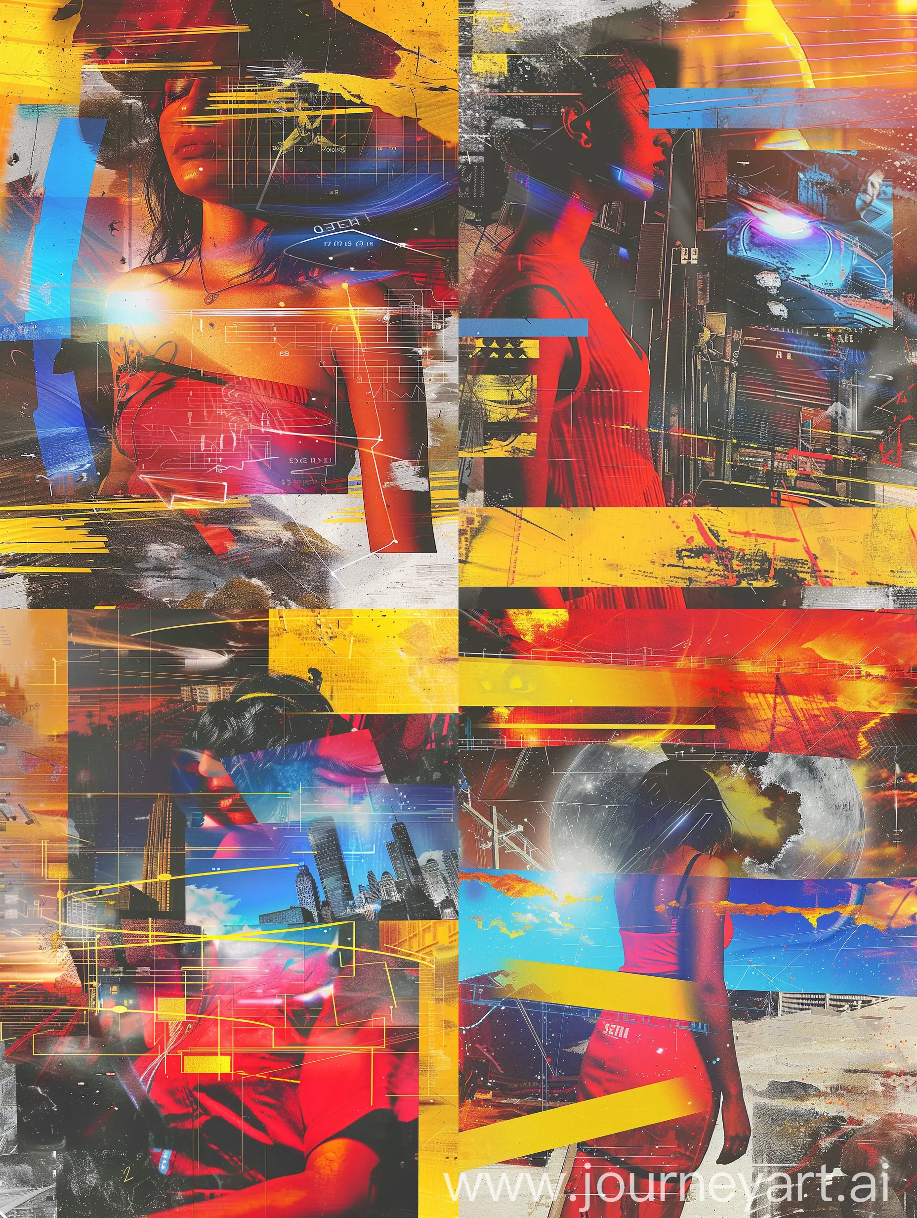 Collage-Artwork-Woman-in-Red-and-Blue-Dresses-Contemporary-Album-Cover