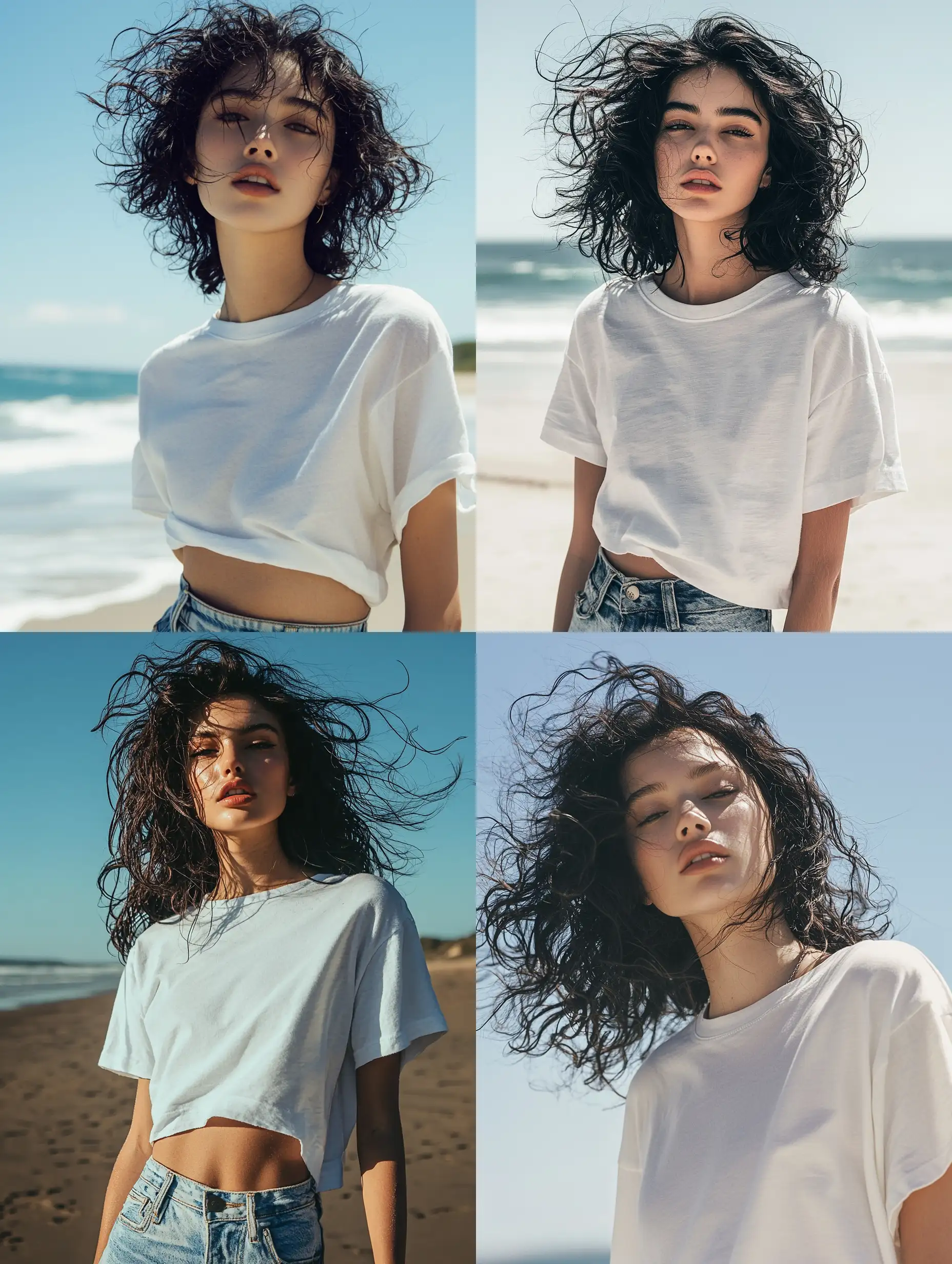 Modern-Fashion-Photography-Woman-with-Curly-Hair-in-Oversized-TShirt-at-Beach