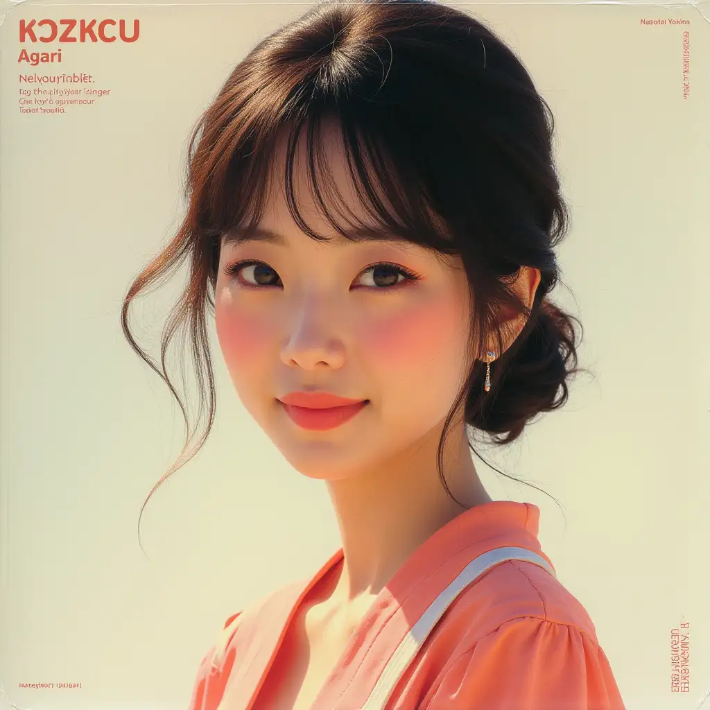 The CD jacket, depicting “Nozomi Ayaha” and “Harumeku Yokan,” features a portrait of a Japanese female singer in her late 20s or early 30s, embodying the spirit of city pop of the 1980s with a modern 2030s twist. She has a sophisticated, elegant look and a warm smile. Her style is reminiscent of artists such as Anri, EPO, and Taeko Onuki, but with a futuristic flair. The background is a plain color, reminiscent of a walk on a bright, sunny spring morning.