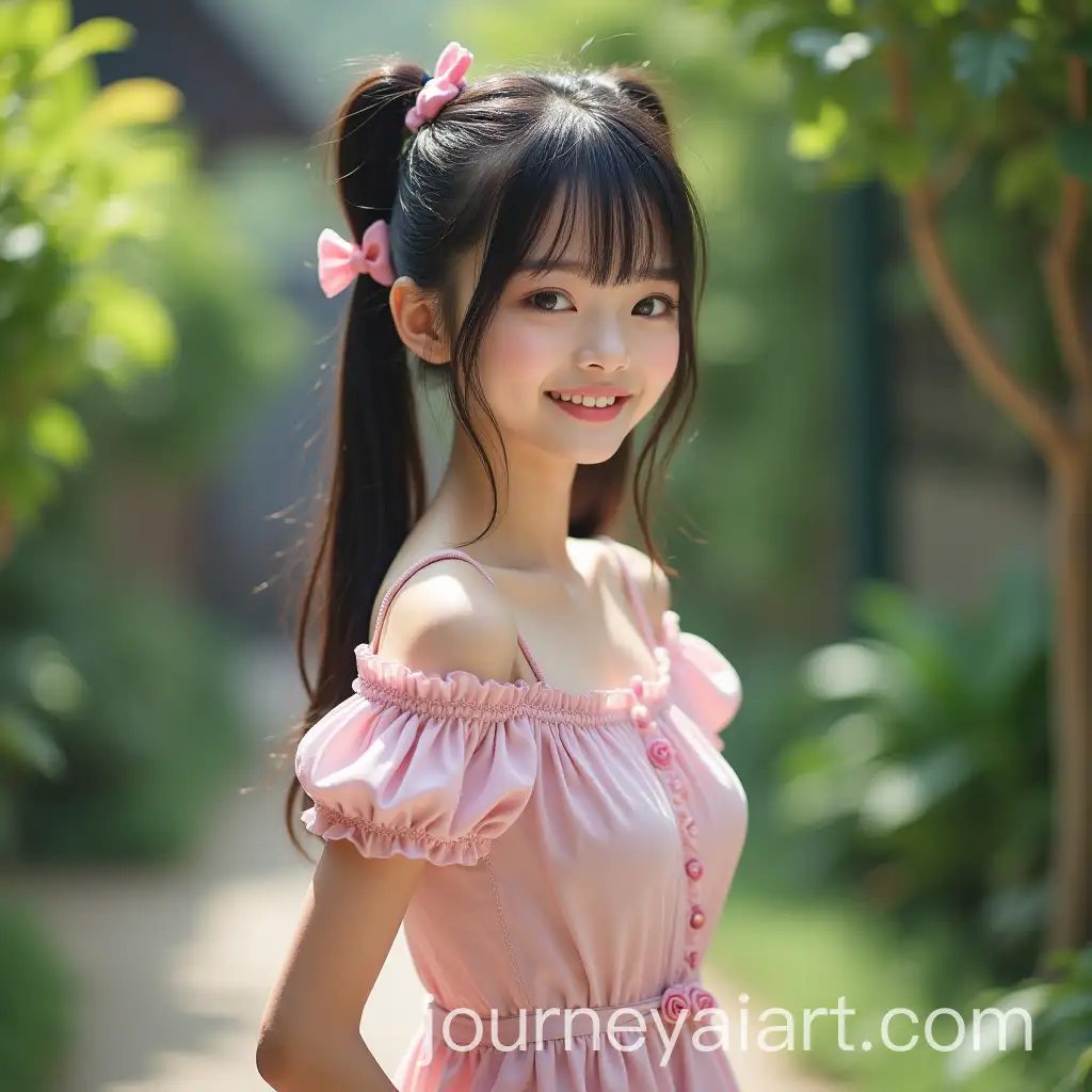 Beautiful-Asian-Girl-in-Cute-Dress-with-Pigtails-in-Garden
