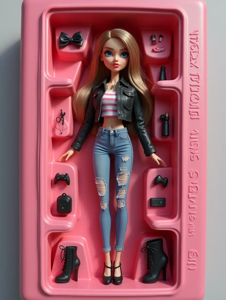 user_prompt: Create an art: 3D-doll in Bratz style, made of soft touch plastic. Full size, repeating the appearance and outfit from my photo. Copy every detail: hairstyle, lips, eyes, facial features and proportions. Clothing - exactly, with emphasis on style and textures. Doll lies in a plastic indentation, which repeats its silhouette. Create a collector's action figure of a human - like an expensive toy in the package. Style: as realistic as possible, suitable for advertising or storytelling (aspect ratio 9:16). Name Xenia- letters are embossed and engraved on the box. Accessories inside the box: Arranged next to the doll in their places in separate cells accessories that match my mood and character.