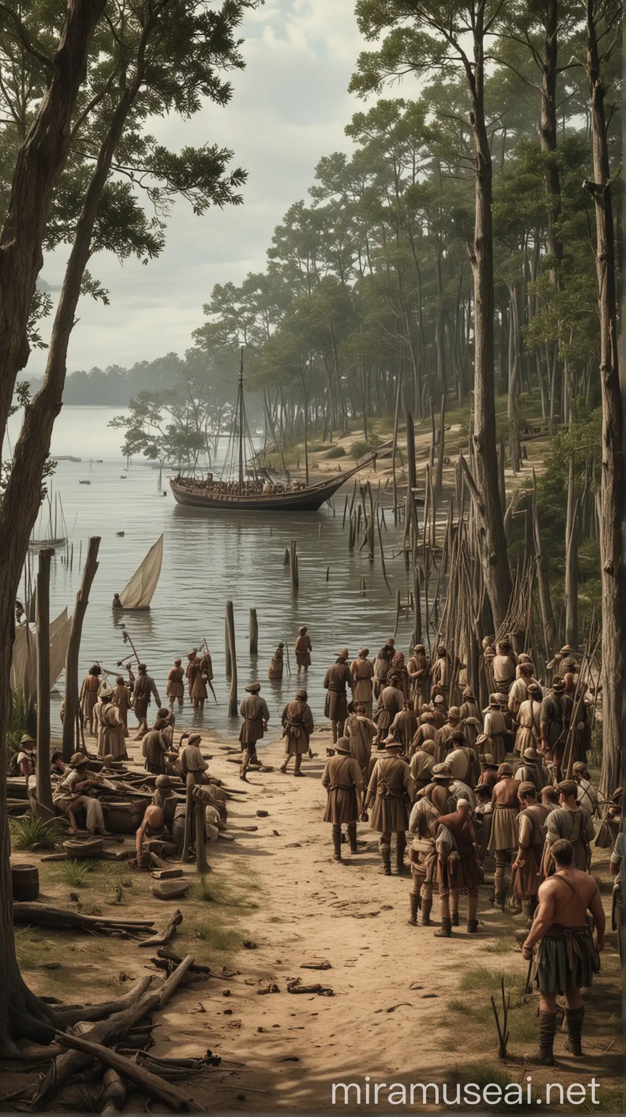 First Settlers Landing on Roanoke Island Establishing Their Colony