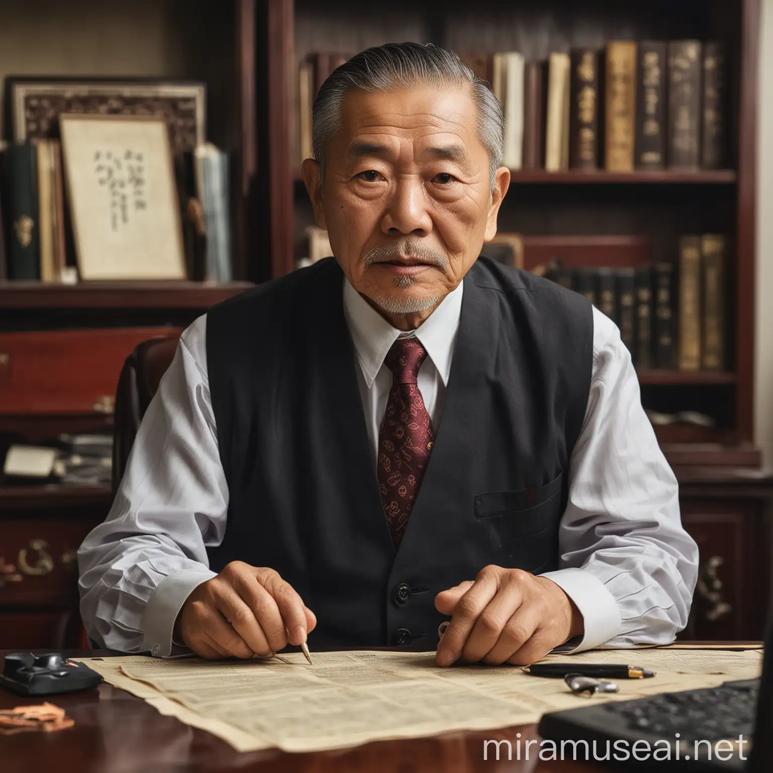 Elderly Chinese Businessman in Traditional Office Setting