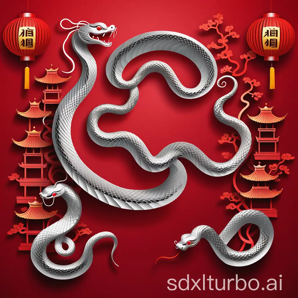 New Year gala's red background image, including a winding silver snake or Chinese traditional elements related to the Year of the Snake, such as snake-patterned lanterns, paper cut-outs.