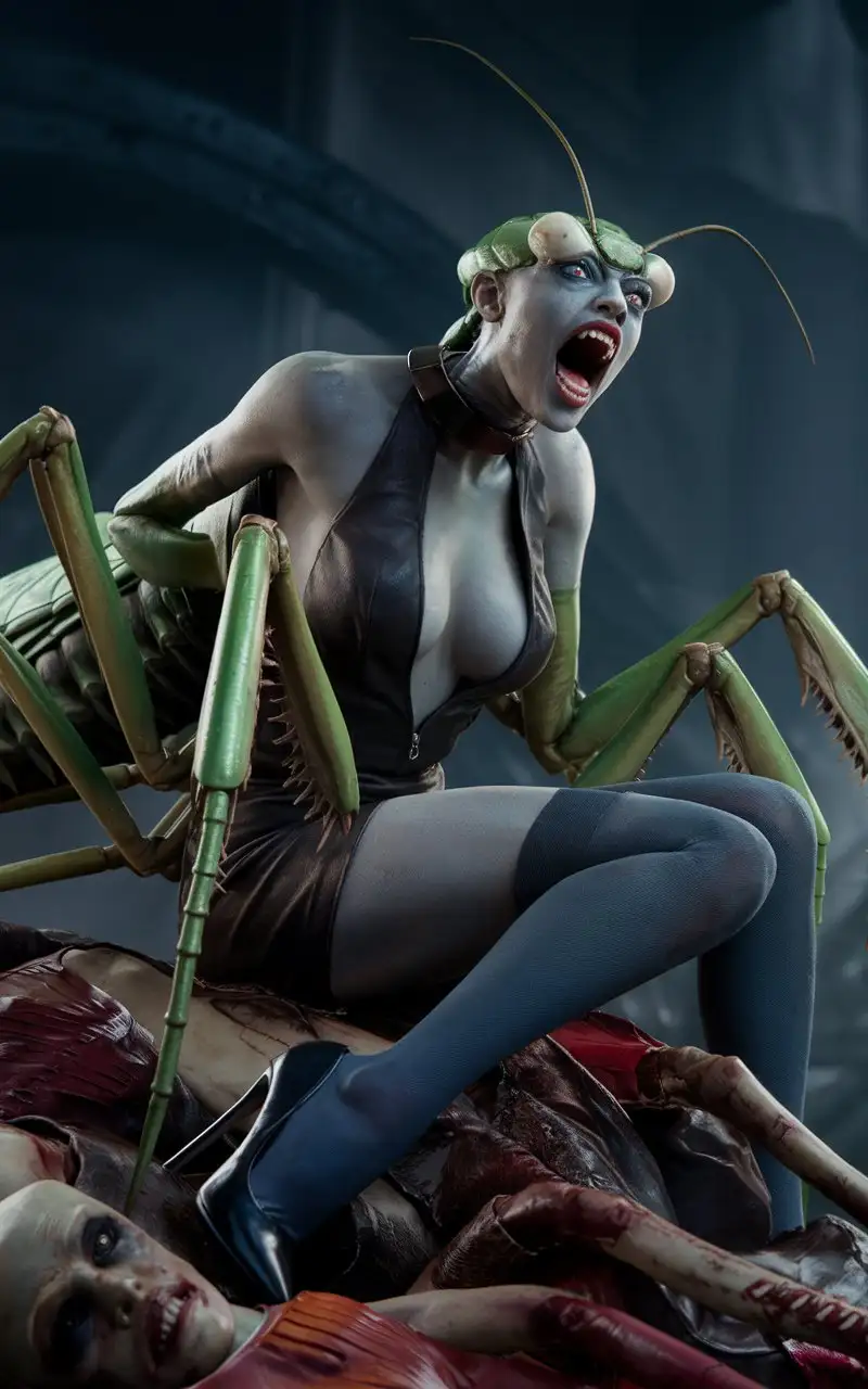 Female-Mantis-Monster-Sitting-on-Pile-of-Corpses-Cinematic-4K-Image