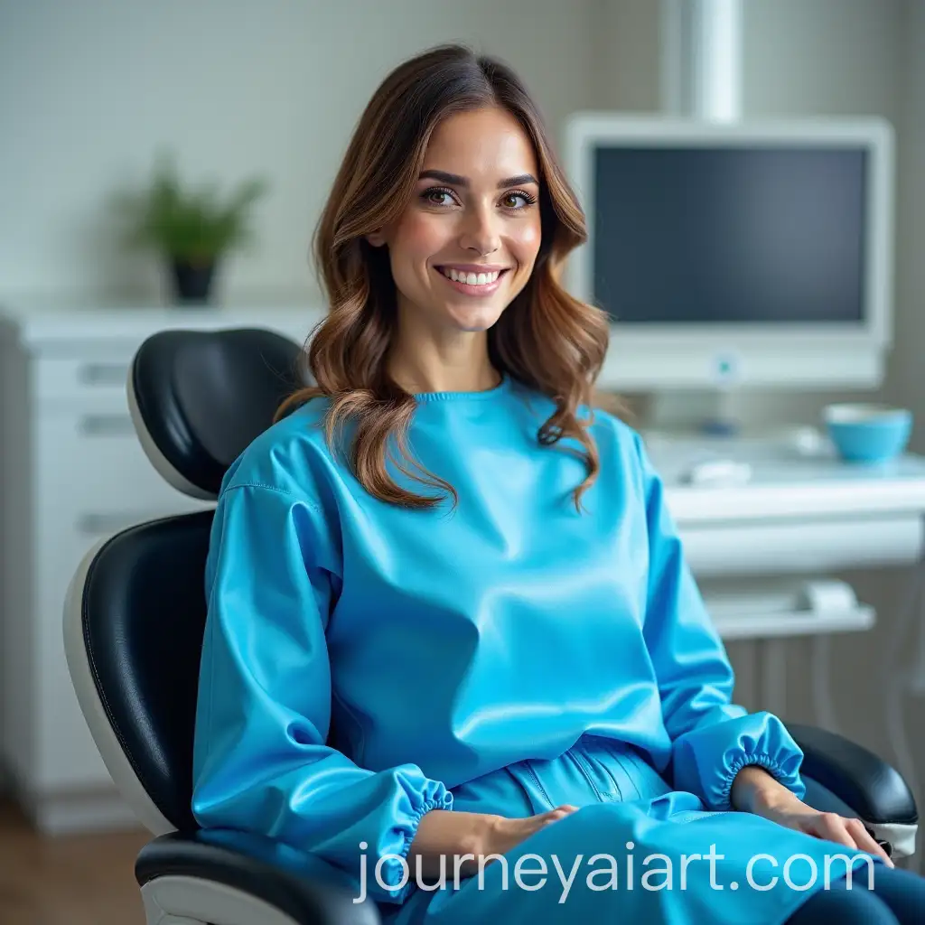 Stylish-Woman-in-Dentist-Chair-with-Shiny-Long-BlueAI-Image-Prompt-Expansion-Bib-and-Sleeves