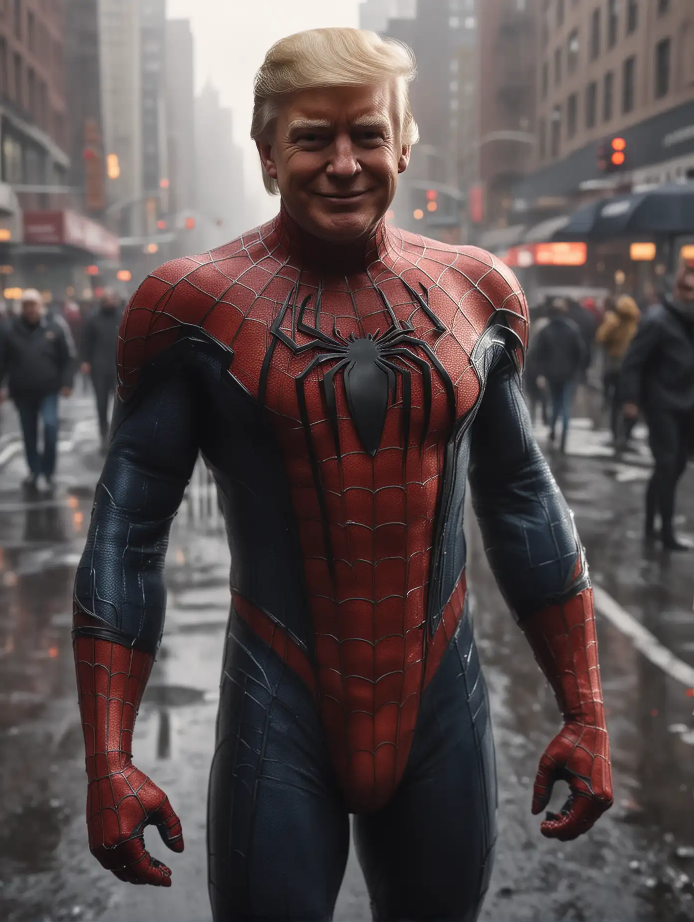 Donald Trump in original Spiderman suit, smile in camera, No Mask, semi full body, photorealistic, 16k photography, in foggy New York street as background