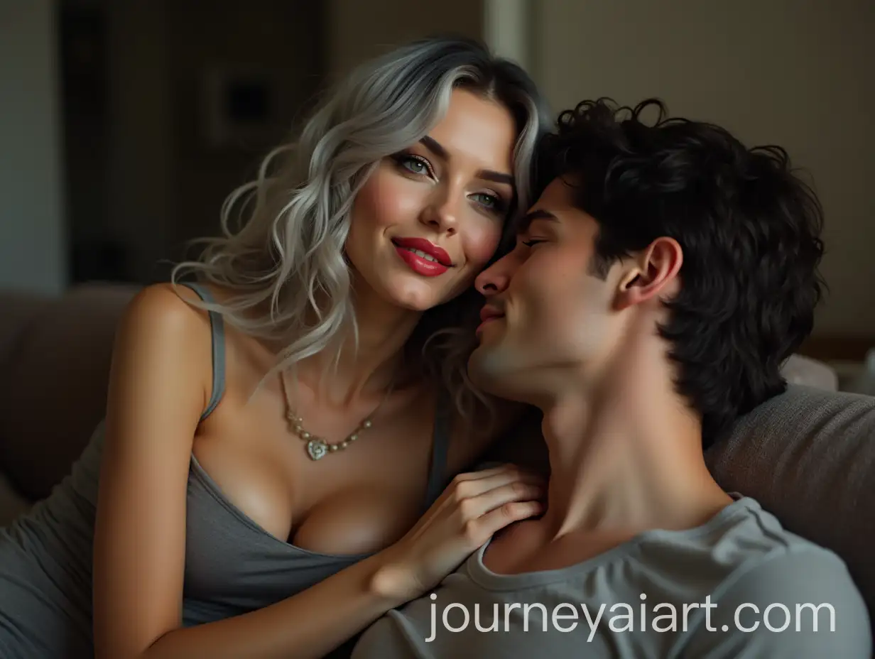 Playful-Couple-Hugging-on-Couch-with-Heavily-MadeUp-Woman-and-Handsome-Brunette