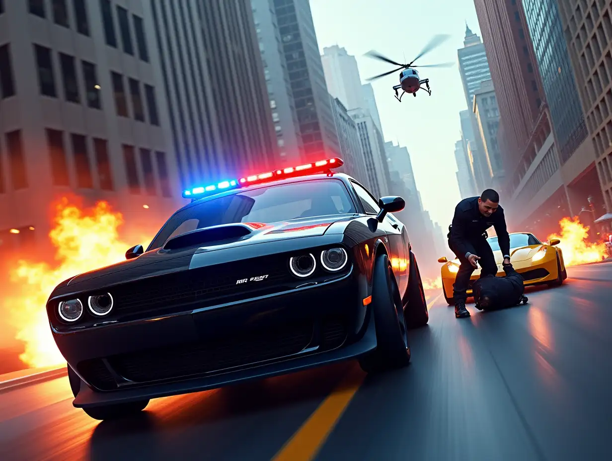 Create a high-energy, action-packed thumbnail for a police chase video game. The scene should feature a black police muscle car with flashing red and blue lights, aggressively drifting on a busy city street with tall skyscrapers in the background. A police officer is arresting a suspect on the ground with a determined expression. In the background, a high-speed car crash causes an explosion with debris flying, and a yellow sports car speeds past. A police helicopter hovers above, adding to the intensity. Include game interface elements like a speedometer, steering wheel, and brake/gas pedals for an immersive feel. Experiment with different angles, lighting, and action moments to create multiple versions with unique cinematic and dramatic perspectives.