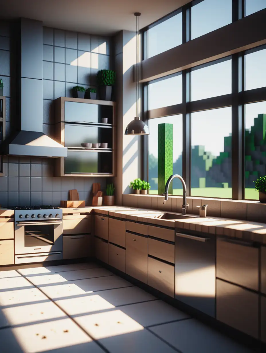 minecraft style modern high end kitcken, big window, natural light, ray tracing reflections, 4k