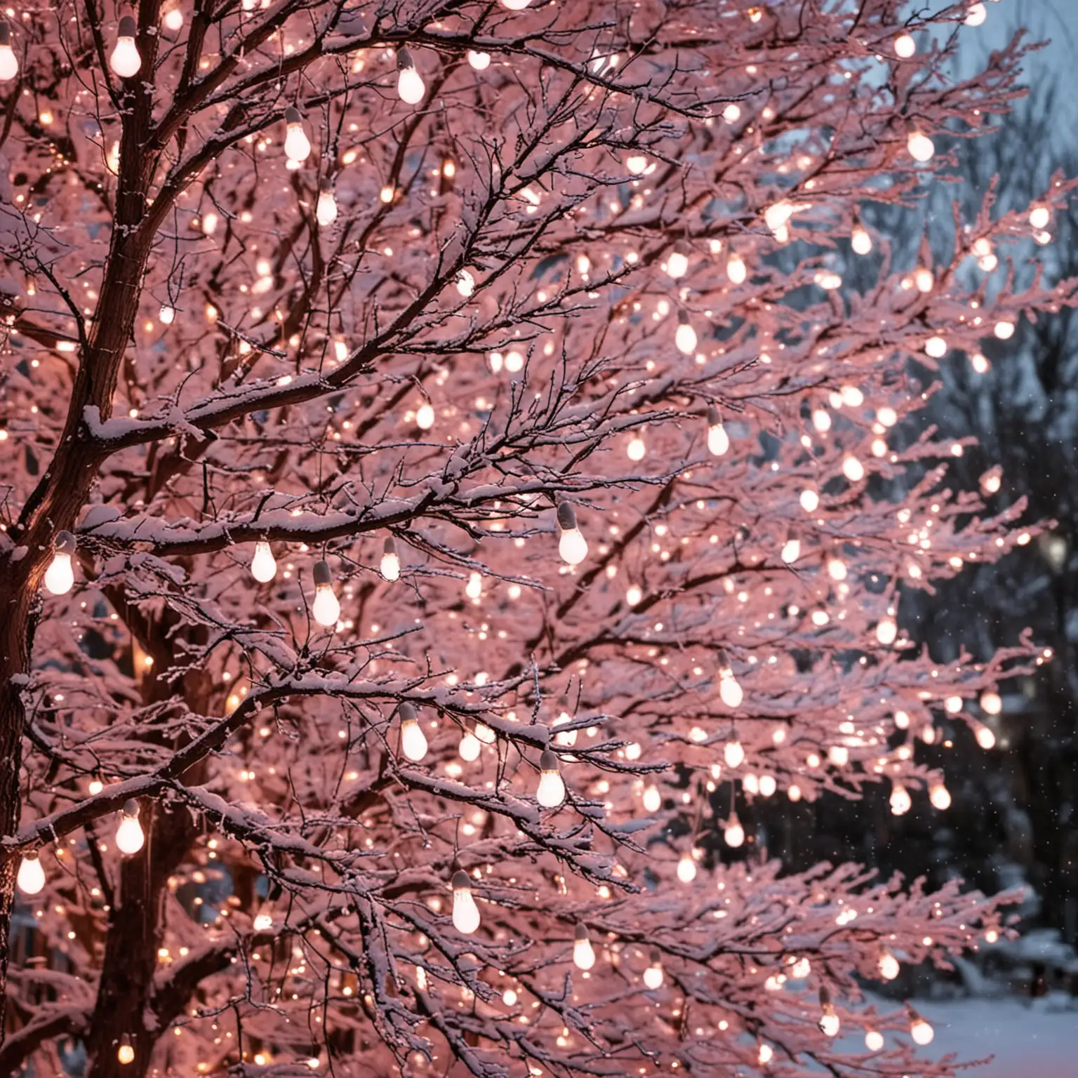 Snowy Christmas Tree with Pink and White Lights CloseUp