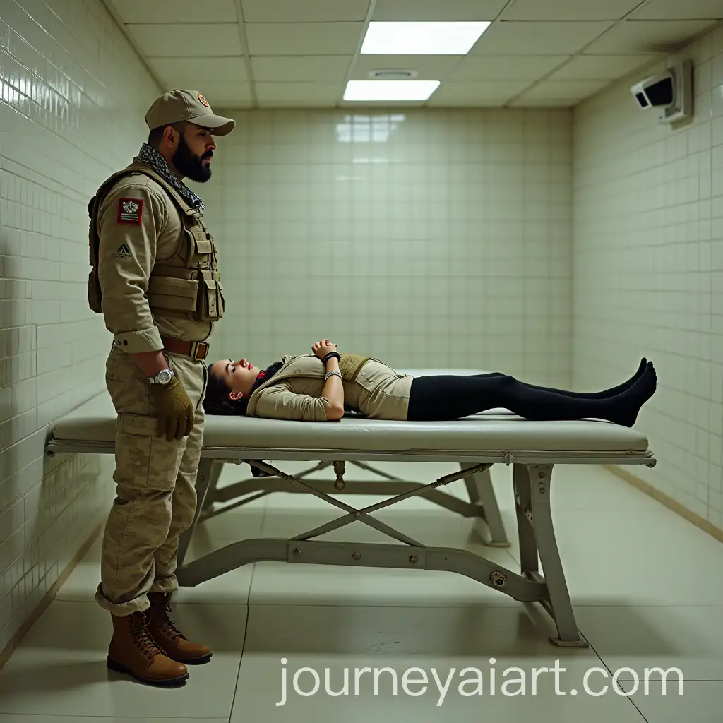 Arab-Military-Man-and-English-Military-Woman-in-Prison-Cell-with-Surveillance-Camera-and-Torture-Rack