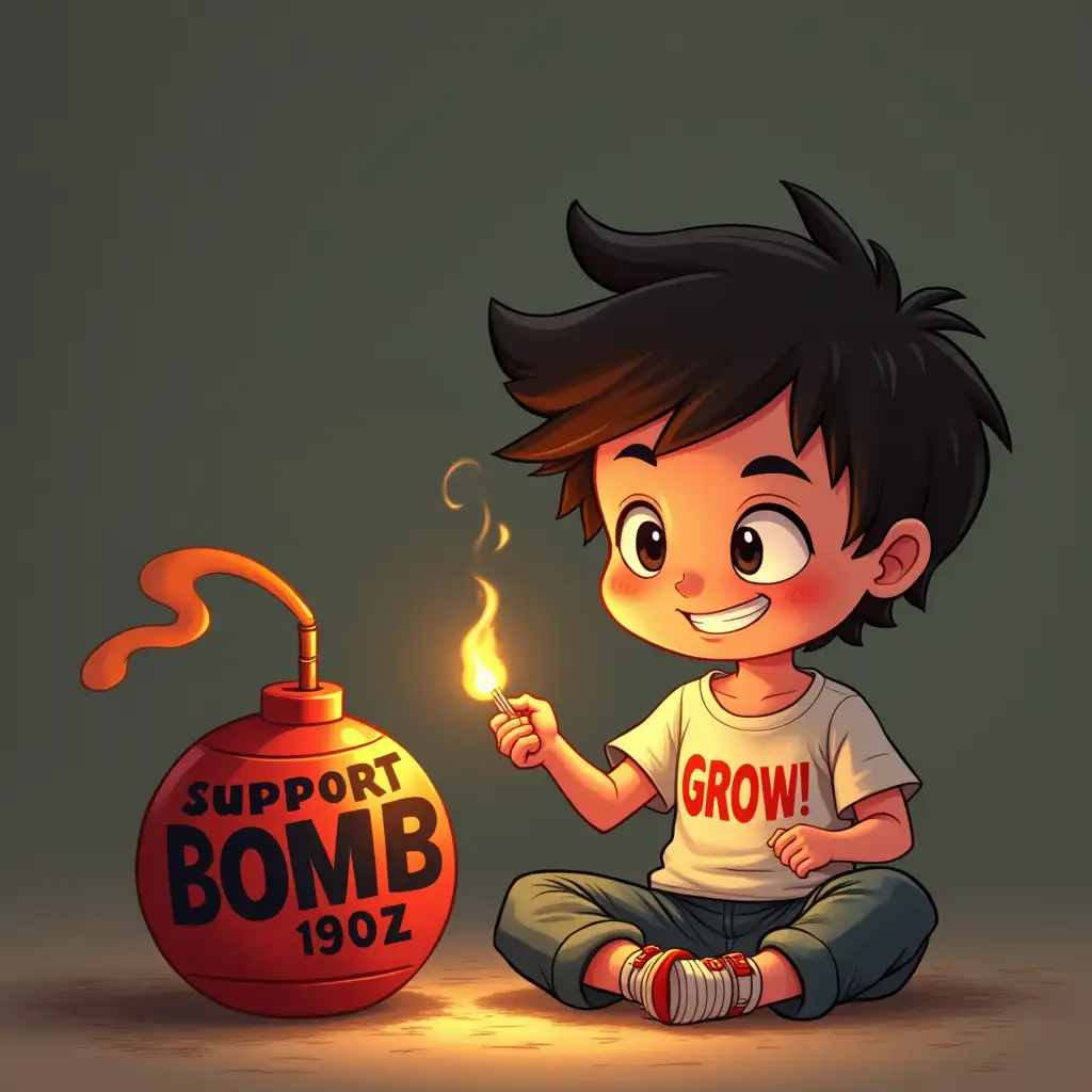 Boy-Grinning-with-Lit-Match-Near-Bomb-with-PIXELPUPS-SUPPORT-BOMB-Label