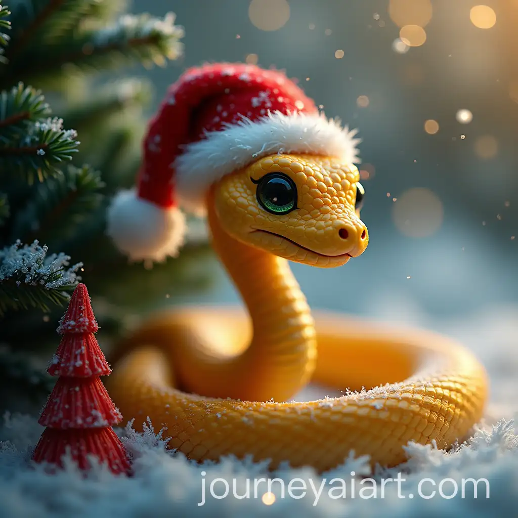 Cheerful-Golden-Snake-with-Santa-Hat-Amidst-Shimmering-Fir-Tree-Branches