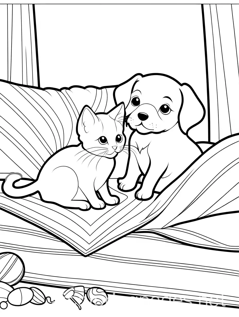 Adorable-Puppy-and-Kitten-Cuddling-Under-Colorful-Blanket