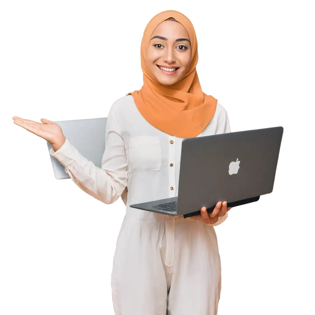 cewe asia wearing half-body hijab currently holding a laptop while smiling