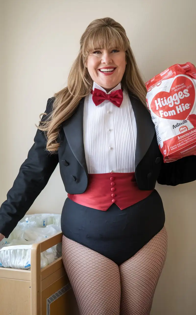 Smiling-MiddleAged-Caucasian-Woman-in-Formal-Tuxedo-Holding-Huggies-Package-in-Nursery