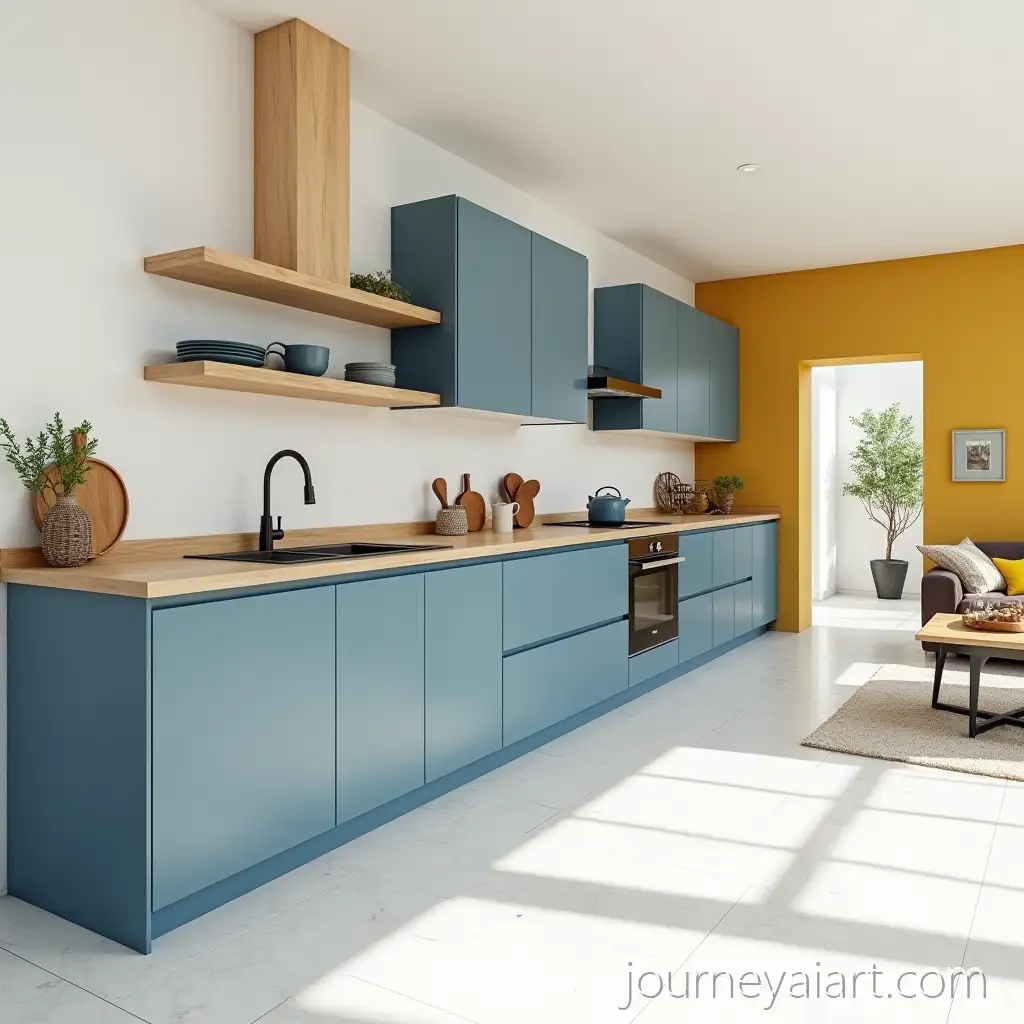 Modern-Mediterranean-Open-Kitchen-with-Azure-Cabinets-and-Sunny-Living-Room